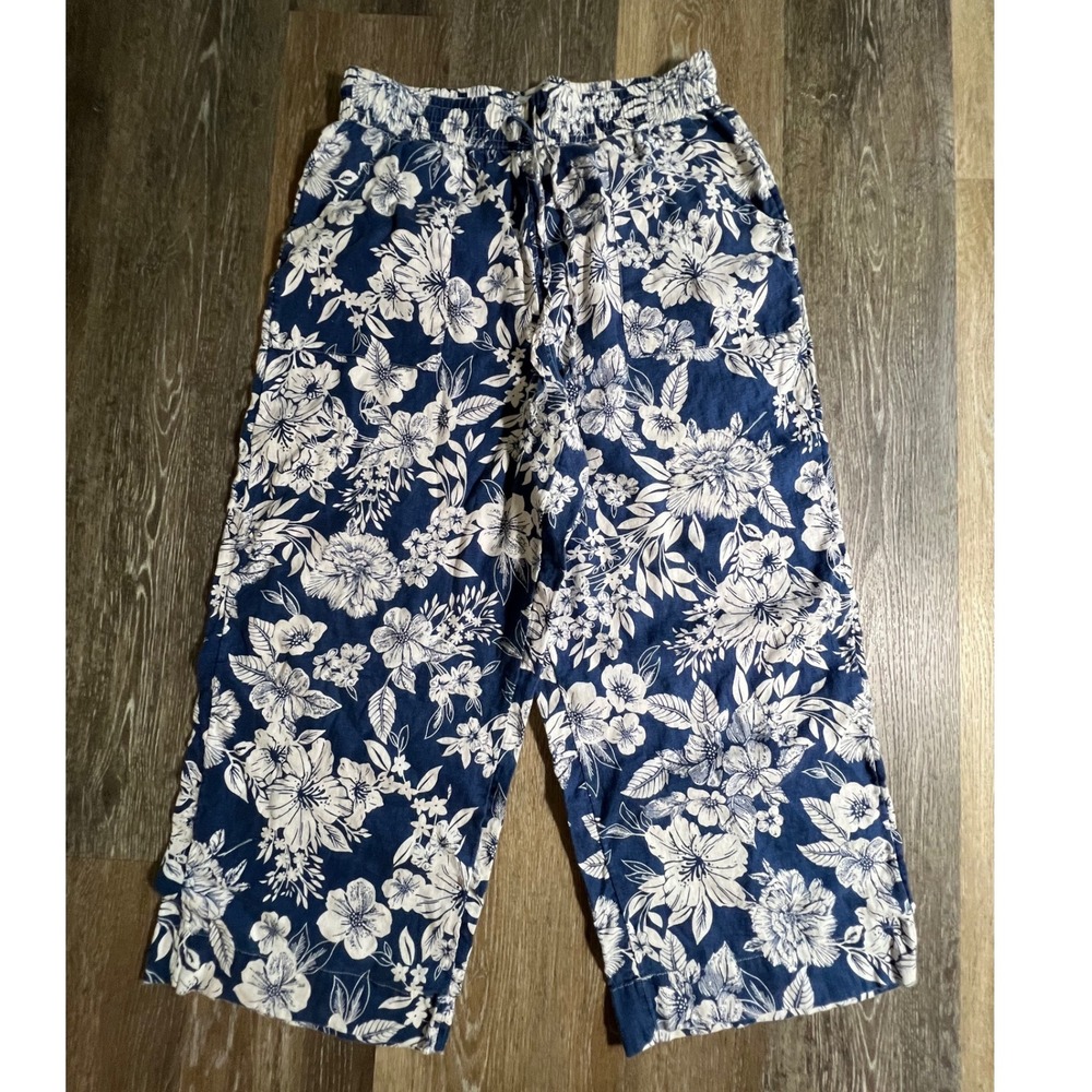 C&C California Linen Pants Womens L Blue Floral Wide Leg Drawstring Elastic